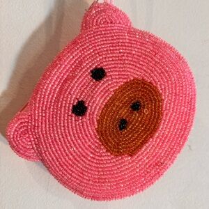 Pink Beaded Pig Face Bag Charm Coin Purse with Zipper